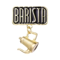 Gold finish barista enamel pin featuring a hanging moka pot charm on white background - Coffee Pot Style (XZ7920)