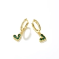 Golden heart hoop earrings with emerald green zircon stones and white diamond accents - Green