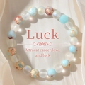 Natural stone beaded bracelet with white, blue, and textured brown beads on beige silk cloth - White Blue Brown Crystal Set-Luck