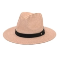 Detail of pink paper straw hat with black ribbon and golden rivet accent for sun protection - M(56-58cm) / Light Pink
