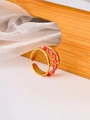 Detail of gold double-layered open ring with red bead inlays on soft white satin background - Adjustable Open / Pink