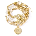 Gold multi-layer bracelet set with pearls, paperclip chain and queen coin pendant - Style 6-Gold Layered Pearl Coin Pendant