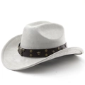 Close-up of suede cowboy hat with leather band featuring bull head metal studs - M (56-58cm) / Light Gray