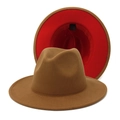 Classic two-tone British style jazz fedora hat in camel and red with wool texture - M (56-58cm) / Brown Outer Red Inner