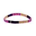 Detailed close-up of handmade Bohemian stretch tile bead bracelet in purple and gold tones - Purple Gold Beige