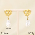 Golden heart knot earrings with white baroque pearls on a minimalist display stand - Heart Knot Baroque Pearl Style (Style I Gold KE115979-GC)