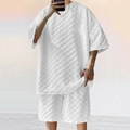 Men's summer white two-piece lounge set with 3D checkered textured knit fabric - S / White