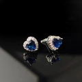 Elegant silver heart earrings with dark blue gemstone and sparkling zircon halo - Blue Diamond Heart-shaped Earrings Led-78