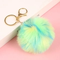 Faux rabbit fur ball keychain with blue green yellow blend and gold lobster clasp - Color No. 381 Fluorescent Green / Light Gold 4-Link Lobster Clasp