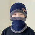 Winter thermal knit hat and neck gaiter set in navy blue with thick faux fleece lining - Kids / 2-Piece Set (Hat + Scarf) / Navy Blue