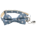 Detail of light blue floral pet collar with bowtie, silver bell and white safety buckle - Bowknot Style / Blue Small Sun Flower