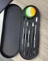 Stainless steel tool set in black case with a rainbow silicone jar on wood surface - Black Tin Case + 5 Silver Tools + Silicone Jar