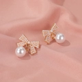 Elegant gold bow earrings with micro pearls and large white hanging pearl drops - Bowknot Artificial Pearl Style (01 Bow Style #2717) / Gold/White