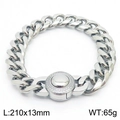 Silver stainless steel Cuban chain bracelet with CZ inlaid ring clasp, 210x13mm size - Model D Steel Rhinestone Buckle (KB169892-Z)