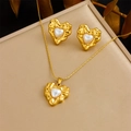 Gold plated stainless steel heart jewelry set featuring elegant white pearls in a box - Lava Texture Heart Pearl Jewelry Set (N3188 E6206)