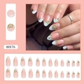 Detail of 24pcs almond press-on nails featuring green clover and white French tips - W876 Lucky Four Leaves