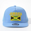 Close-up of JAMAICA embroidery and flag detail on light blue mesh snapback cap - Sky Blue