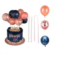 Navy blue and gold balloon cake topper set with confetti and Feliz Cumpleaños sign - 4 Rose Gold + 3 Rose Gold Sequin + 3 Ink Blue Balloons