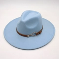 Close-up of light blue wide brim felt fedora hat featuring a brown leather belt with gold buckle - Sky Blue (Heart Buckle)