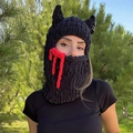 Black crochet cat ear balaclava with silver rings and red bleeding fringe detail - 57-59cm / Black Sheep Horn Tassel Punk Style
