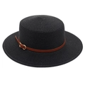 Detail of black straw sun hat with brown leather belt and golden buckle texture - One Size / Black