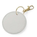 Detail of white textured faux leather round keychain with golden metal ring and lobster clasp - Assembled / Light Gray