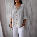 Chemise femme gris clair en lin avec col en V, boutons et manches courtes à revers - Gris (4 Boutons)