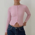 Roze ribgebreid kort vest met lange mouwen, knoopsluiting en splitten aan de zijkant - S / Roze