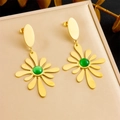 Golden sunflower drop earrings featuring a radiant green cat-eye stone setting - Sun Flower Gemstone Drop Earrings(E6197)