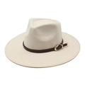 Elegant cream wool fedora hat featuring a brown braided leather band and gold buckle - M(56-58cm) / Beige