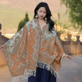 Ethnic orange paisley shawl with turquoise patterns and fringe details for women - Auspicious Orange Paisley Ethnic Shawl