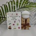 White mushroom silicone night light gift set with a patterned gift bag and box - Night Light + Birthday Bag + Eiffel Tower Wrap / Yellow