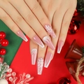 Pink Christmas coffin press-on nails with white snowflakes and French tips design - Pink Base Snowflakes French Style (JP2687)