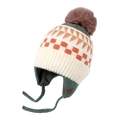 Winter gebreide muts met oorkleppen, groen ruitpatroon en een grote bruine pompon - Oorklep veter stijl / Boom Jacquard-Bosgroen
