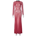 Detail of red mesh maxi dress featuring black rivet studs on the neckline and long sleeves - One Size / Red