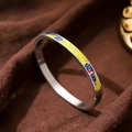 Titanium steel bangle with colorful yellow blue and red enamel patterns on burlap - 6mm Enamel / Contrast Abstract (A699)