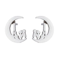 Macro detail of silver moon earrings featuring hollow cat and human silhouette design - Moon Couple & Cat / Steel