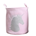 Pink canvas storage laundry basket with silver glitter unicorn and Believe text design - Horse Head