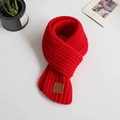 Kids red knit scarf with dinosaur style and brown leather tag for winter warmth - Red
