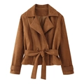 Brown faux suede short jacket for women featuring a stylish lapel and waist tie belt - S / Bronze