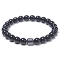 Detail of 8mm polished black agate beads and a metallic hematite spacer on elastic band - Obsidian Bracelet