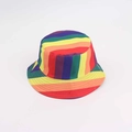 Close-up of rainbow striped bucket hat with vibrant red orange yellow green blue and purple colors - Rainbow Striped