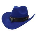Royal blue cowboy felt hat with vintage bull head buckle and floral embroidery strap - M (56-58cm) / Royal Blue Cowboy (Flower Bull Head)