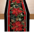Christmas table runner featuring red poinsettia and pinecones on black fabric - Black Background Poinsettia & Berries