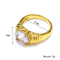 Chic 18k gold plated stainless steel ring with large oval zircon and ribbed band texture - US 6 / Gold White