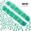 Mixed size green resin rhinestones in a 12-slot clear organizer box for nail art DIY - Deep Green AB (ZSHZ-897)