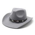 Detail of grey wool fedora featuring black leather band with silver concho metal studs - M(56-58cm) / Gray