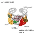 Stainless steel open ring with strawberry and grape pendants in zircon and enamel - US 7 / Two-tone Strawberry Ring (A755)