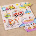 Wooden peg puzzle featuring colorful vehicles like trains and rockets for early learning - Transport Square Peg Puzzle
