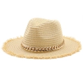 Beige straw sun hat with gold metal chain decoration and natural fringe brim style - M (56-58cm) / 1 Beige (Frayed Edge)